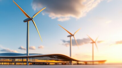 Fototapeta premium Eco-friendly airport design concepts, Futuristic Airport Terminal Design Featuring Modern Wind Turbines Against a Golden Sunset Sky