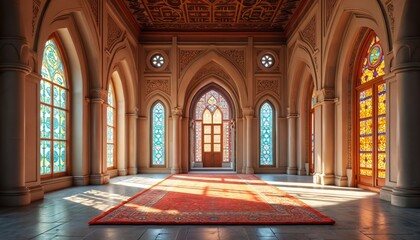 Ornate mosque interior with colorful stained glass windows. Persian islamic architectural design, red carpet, arched columns, intricate ceiling carvings. Traditional religious prayer room with