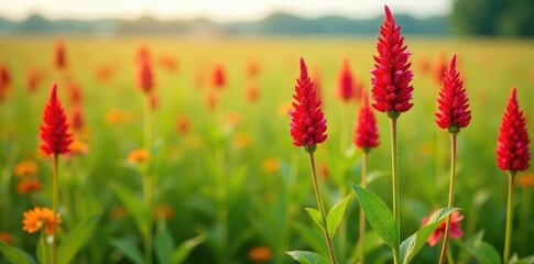 Long stems of amaranthus caudatus flowers in a field, flowers, grasses