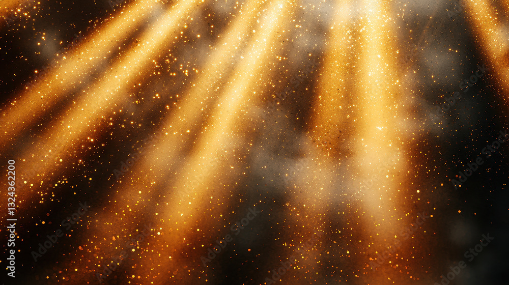 Poster Golden light rays illuminate dark background, creating magical atmosphere filled with sparkling particles. This enchanting scene evokes feelings of wonder and beauty
