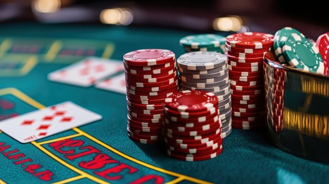 Casino poker chips stacks on green felt table with cards and blurred background