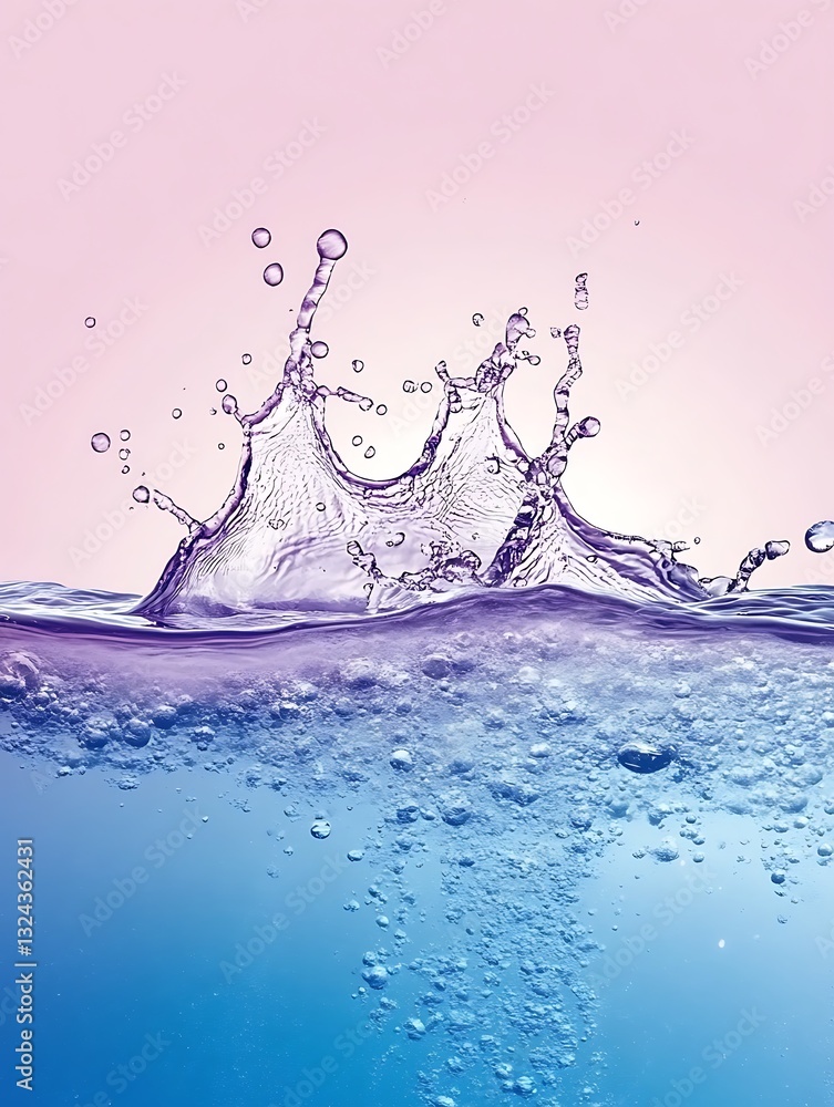 Poster fluid motion concept demonstrating refreshing splash with water bubbles