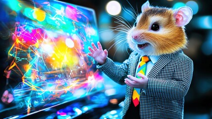 energetic hamster in a trendy checkered blazer and colorful tie