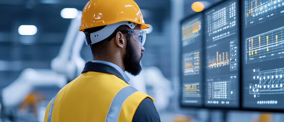 focused engineer in safety helmet analyzes data on large screens in modern industrial setting, showcasing advanced technology and teamwork