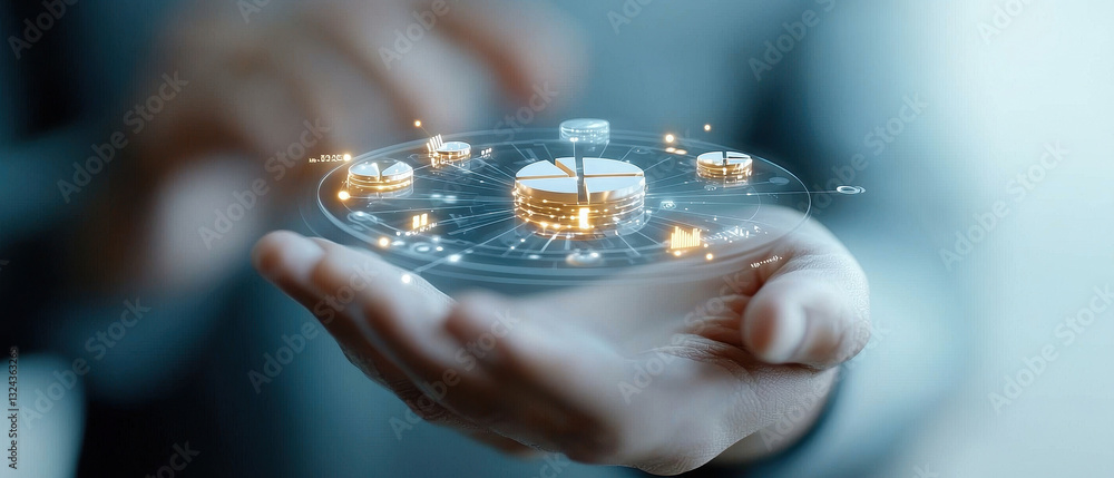 Aufkleber person holding digital interface with financial data and charts, symbolizing investment and technolo