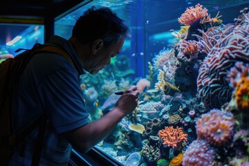 High Quality Picture of Marine Biologist Studying Coral in Public Aquarium Exhibit