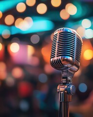 Energetic podcast recording session with a trendy microphone, warm ambient lighting, and interactive audience engagement on screen