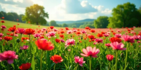 Fototapeta premium field of Ranunculus flowers swaying in the wind with trees in the background, serene landscapes, ranunculus flowers