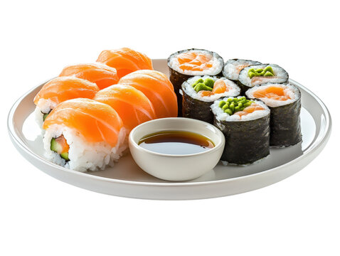 Traditional sushi plate featuring assorted pieces of sushi served with a bowl of colorful dipping sauce on the side isolated on a white background.