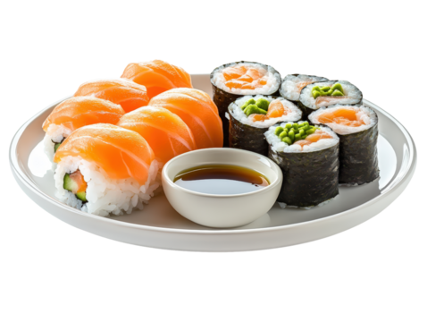 Traditional sushi plate featuring assorted pieces of sushi served with a bowl of colorful dipping sauce on the side isolated on a white background.