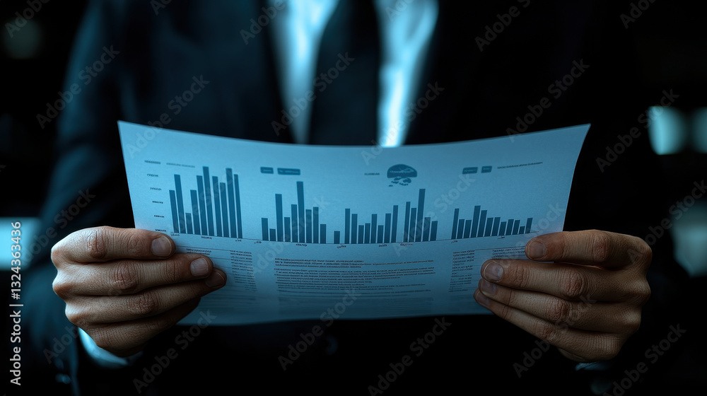 Poster professional man in suit examines detailed report with graphs and data. image conveys sense of analysis and business strategy