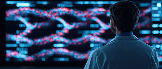 scientist observing genetic data on large screen in laboratory. vibrant colors of data visualization create captivating atmosphere of research and discovery