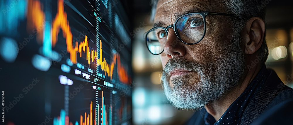 Aufkleber focused analyst examines financial data on digital screen, showcasing graphs and trends. image captures intensity of market analysis and decision making