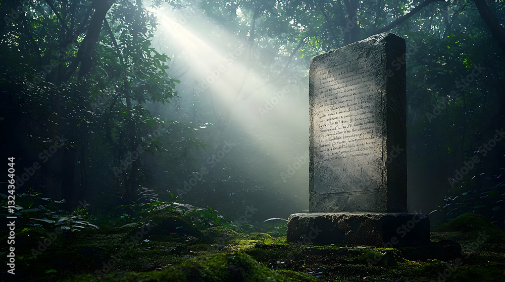 Poster mysterious stone pillar in a sunlit forest clearing with geometric texture and soft ambient light