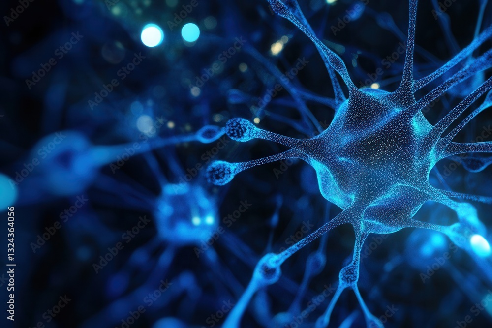 Poster Futuristic deep blue and cyan neural network design showcasing a central node cluster in a high-tech environment
