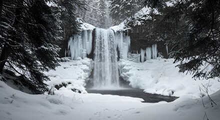 Majestic winter waterfall scene surrounded by snow covered trees
