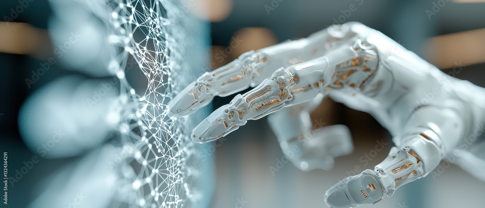 Leinwandbilder robotic hand reaching towards digital network, symbolizing technology and innovation. image captures intricate details of robotic design and interconnected lines of network, evoking sense of