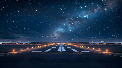 Airport Runway Under A Starry Night Sky Illuminated By Lights With Galaxy Background