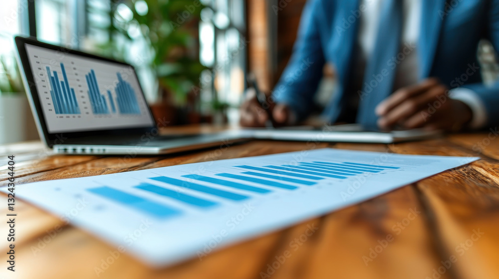 Poster professional conducting business meeting with graphs and charts on laptop and paper. setting is modern and focused on data analysis