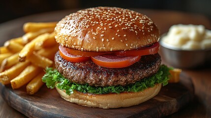 Juicy Beef Burger with Golden French Fries and Creamy Sauce