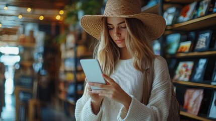 young woman in straw hat is using smartphone in cozy cafe filled with books and art. warm atmosphere creates relaxed vibe