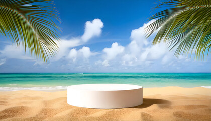 Minimalist White Circular Podium on a Tropical Beach