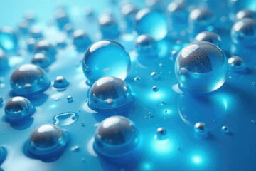 Shimmering silver spheres suspended in a bright blue gel-like substance, translucent, shimmer, luminous
