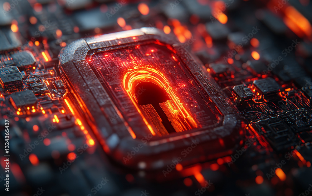 Aufkleber glowing security lock embedded in futuristic cyber circuit board