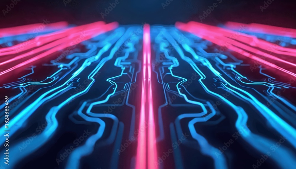 Poster abstract tech lines glow in vibrant neon colors. electric circuit motherboard energy texture, futuri