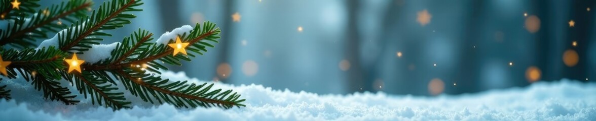 Fir branches amidst gold stars against a snowy background, tree, pine