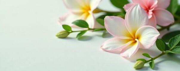 Naklejka premium Single bloom of delicate flower on white surface, greenery, flowers