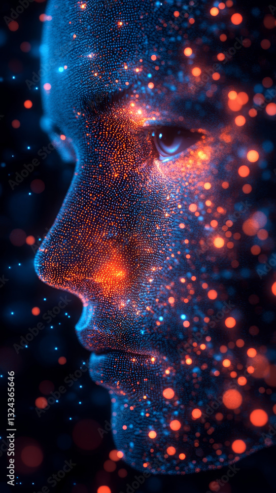 Poster digital portrait with glowing particles and abstract features