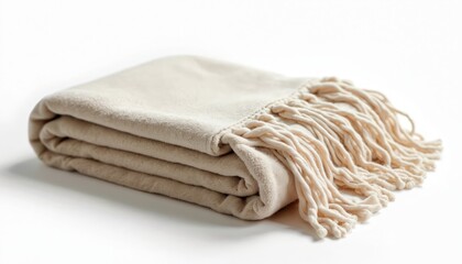 Folded soft beige throw blanket with tassels on white background. Cozy light color fabric. Home decor, comfort textile, interior warmth. Relaxation living room bedchamber furniture cover clothes. Nap