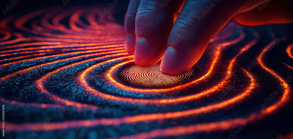 Fototapete close up of hand gently touching glowing fingerprint pattern, creating vibrant waves of light. image evokes sense of curiosity and intrigue