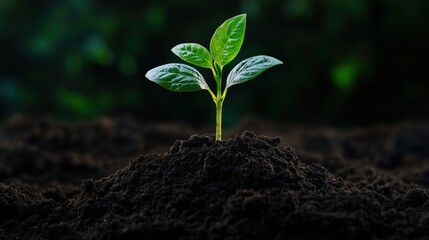 Fototapeta premium Growing green seedling in fertile soil nature close-up serenity