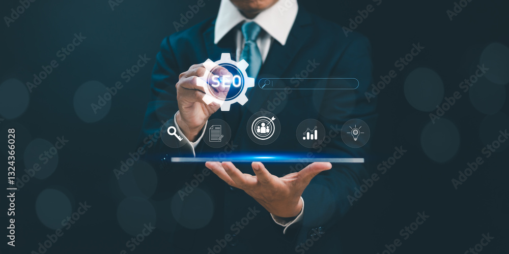Poster seo search engine optimization technology concept and digital marketing search ranking strategy on w