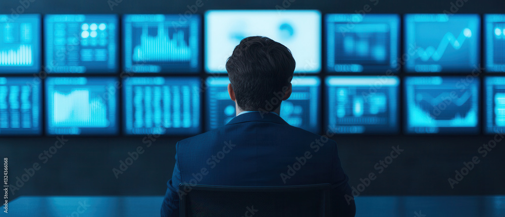 Aufkleber professional man in suit analyzes data on multiple screens in modern office. atmosphere is focused a