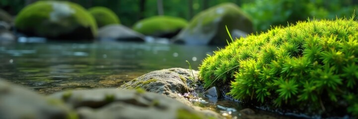 Soft moss spreads across stone surfaces, blending with natural textures, nature, rock, water