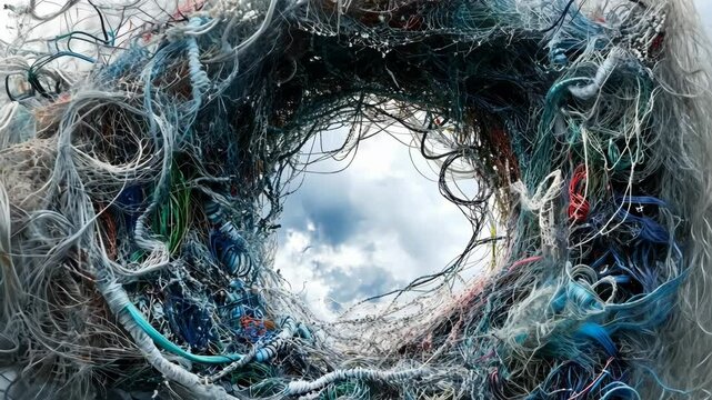 Intricate web of tangled materials illuminated by natural light under a cloudy sky