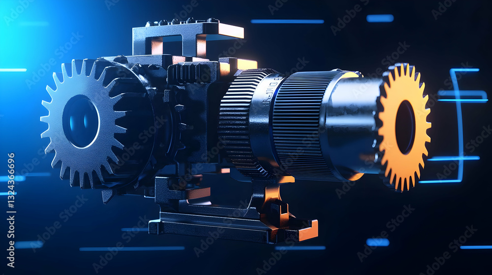 Aufkleber complex metallic mechanism with gears rotating in dark blue futuristic environment with abstract lin