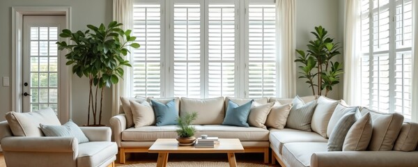 Spacious living room with plantation shutter windows, white walls, hardwood floor. Large cozy sectional sofa, pillows, indoor plants. Bright natural light. Minimalist interior design, stylish home