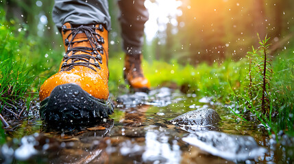 Adventurous backpacker crossing shallow forest stream in scenic nature setting captured from ground level highlighting the thrill of exploration