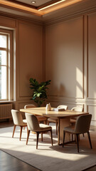 Sunlit room with wooden table surrounded by chairs, acoustic panels on walls, and a potted plant.