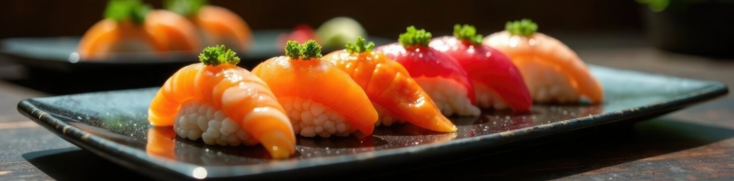 Un estante con un efecto de luz que hace resaltar los colores arco?ris del sushi, comida, dise?o