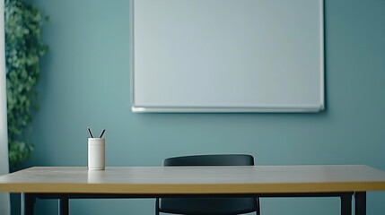 Empty Modern Office Meeting Room With Desk Chair Whiteboard And Pens In Holder On Teal Wall Ready For Brainstorming Session