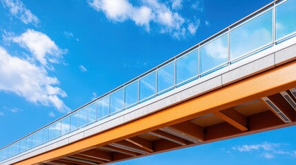 Fototapeta premium Eco-friendly airport design concepts, Modern Passenger Bridge Featuring Glass Panels Under Clear Blue Sky with Bright Sunlight