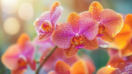 Closeup of beautiful orchid flowers blooming in the greenhouse, with dewdrops on petals. Colorful Phalaenopsis flower heads and orchids in pink and orange colors.