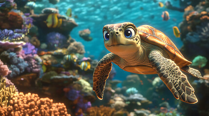 Obraz premium Realistic close-up animation of a majestic sea turtle gliding gracefully through a coral reef, surrounded by colorful fish 