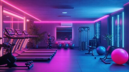 Neon-lit gym; cardio machines, weights; plants; night view