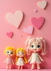 A soft pink background filled with hearts and cheerful faces, with two friends holding hands at the bottom